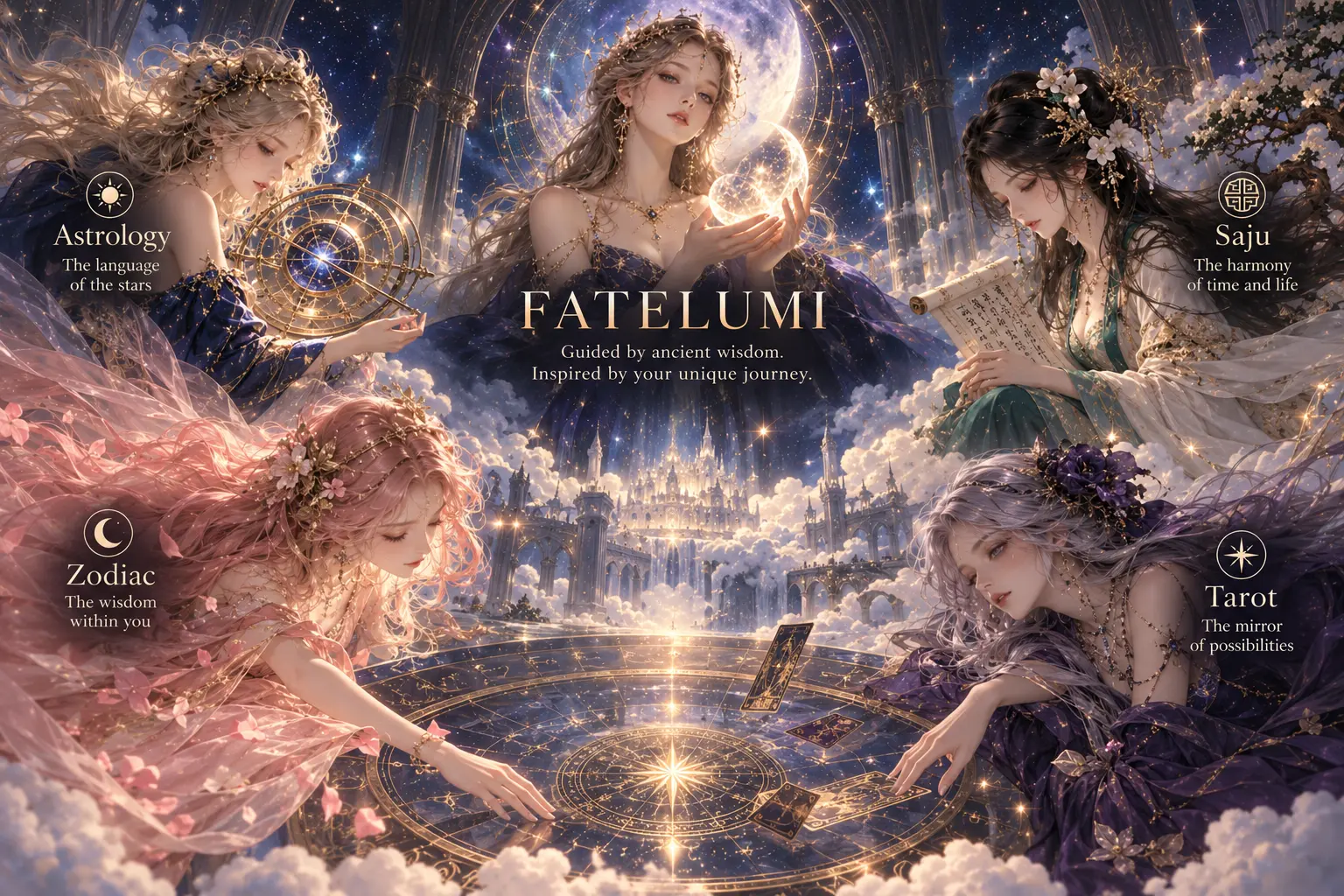 The guardians of Astrology, Zodiac, Saju and Tarot gathered around a golden star map above a castle in the clouds