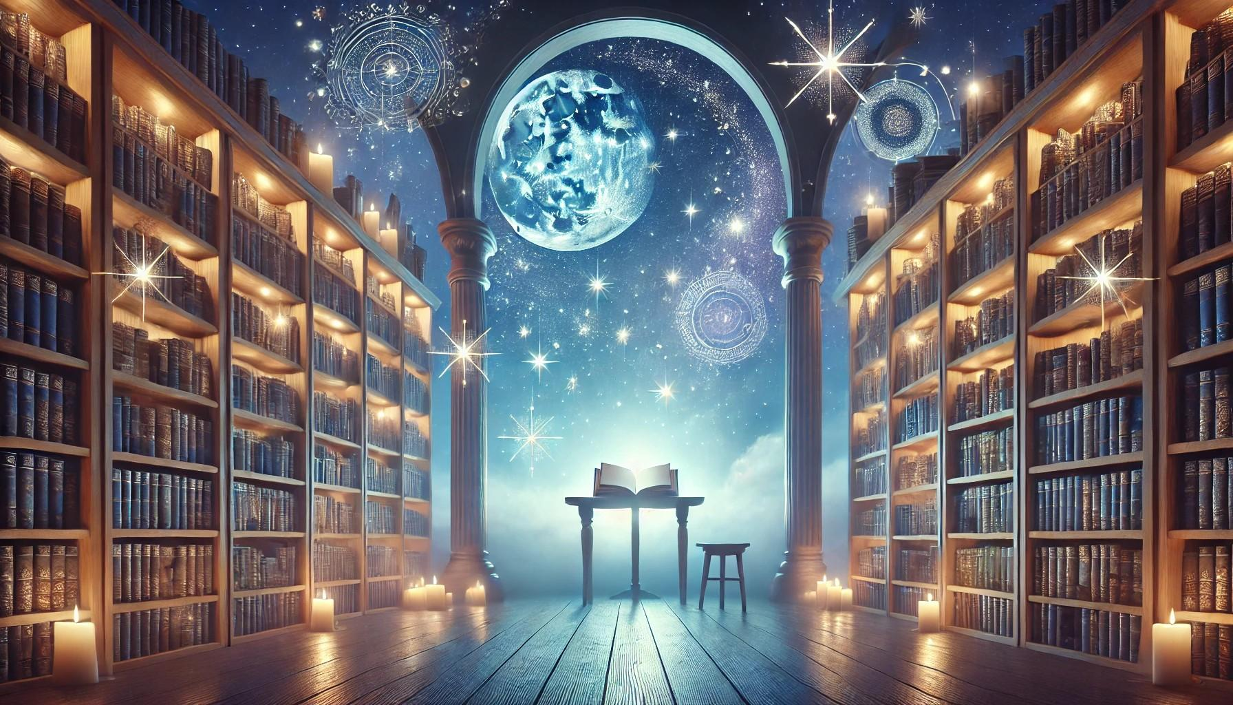 A celestial library of glowing books opening onto a moonlit night sky