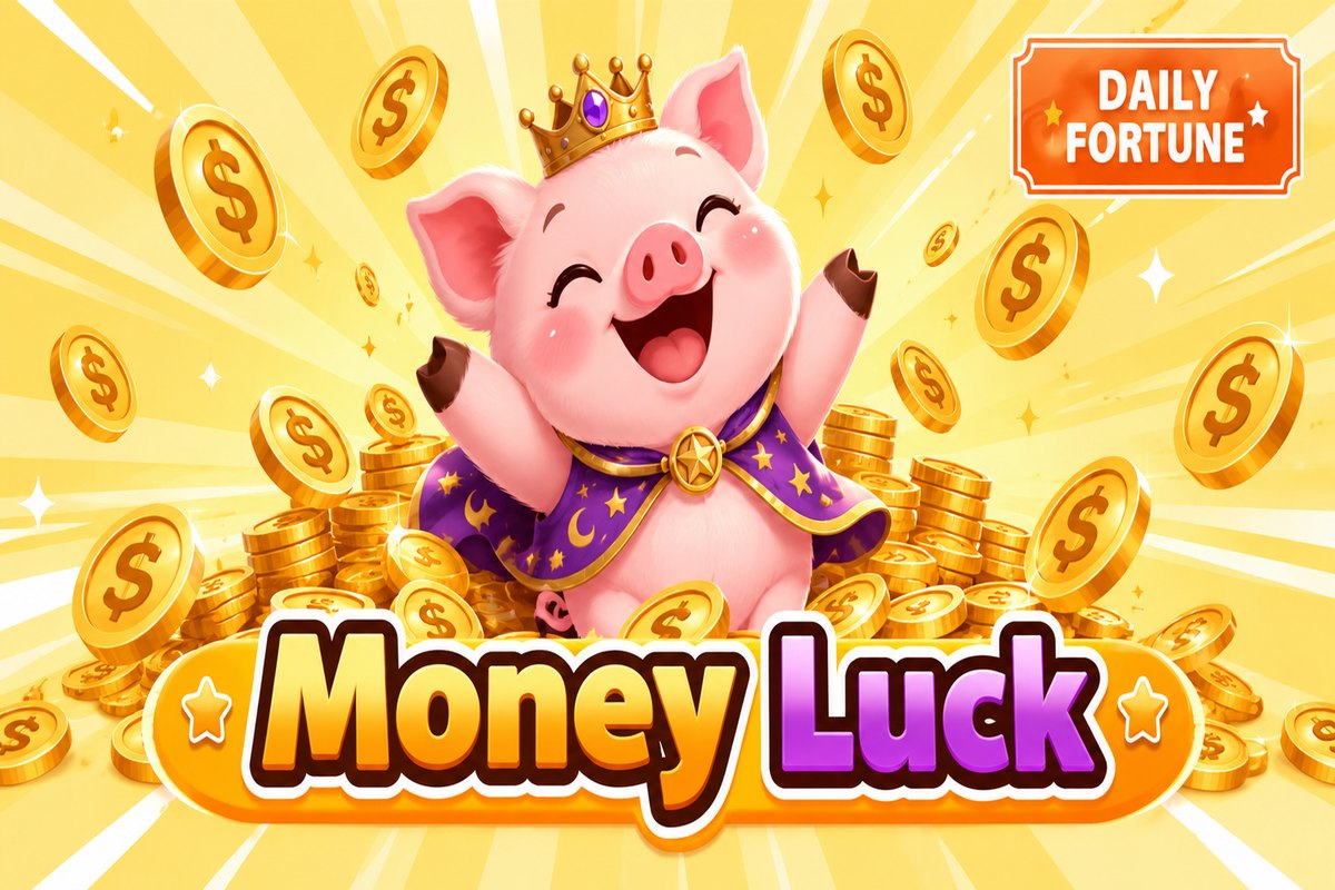 A cheerful pink lucky pig surrounded by golden coins, with a bright yellow background and playful money luck lettering.