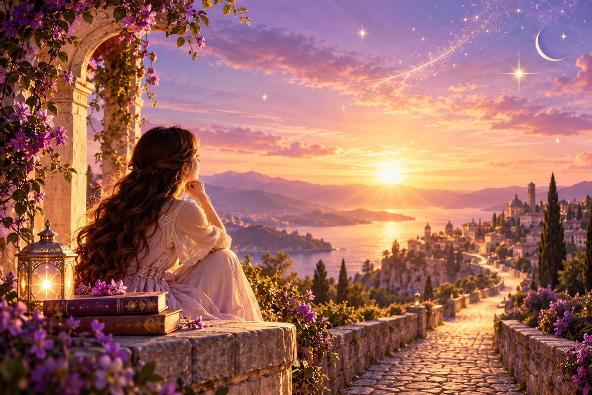 A dreamy fantasy sunrise over a peaceful coastal village, where a young woman gazes toward a glowing horizon. A winding stone path, purple flowers, golden starlight, and a delicate crescent moon symbolize new beginnings, quiet hope, and the possibility of a turning point.