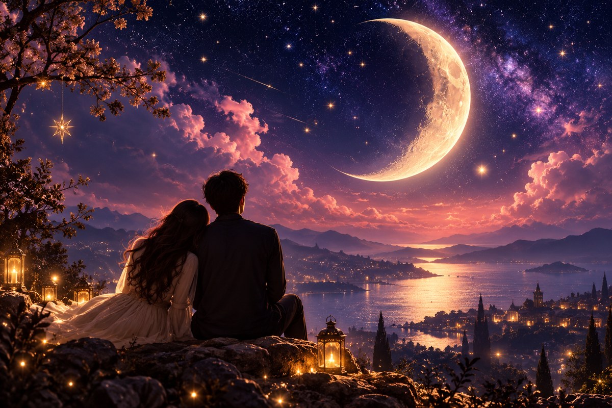 A couple sitting beneath a luminous crescent moon, overlooking a dreamy landscape under a star-filled sky.
