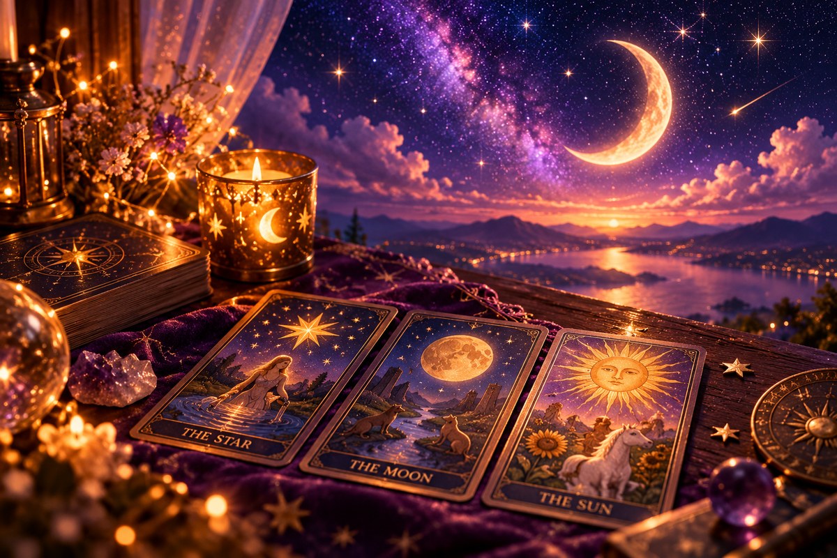Three mystical tarot cards representing the Star, Moon, and Sun, surrounded by glowing candles, golden starlight, and a magical crescent moon overlooking a dreamy lake.