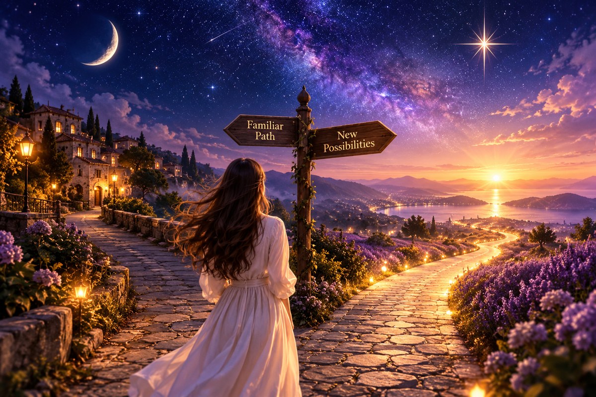 A dreamy fantasy crossroads beneath a star-filled purple sky, where a young woman stands between two paths marked “Familiar Path” and “New Possibilities.” A glowing golden road leads toward a beautiful sunrise, symbolizing personal growth, new beginnings, courage, and the choice to embrace a new direction in life.