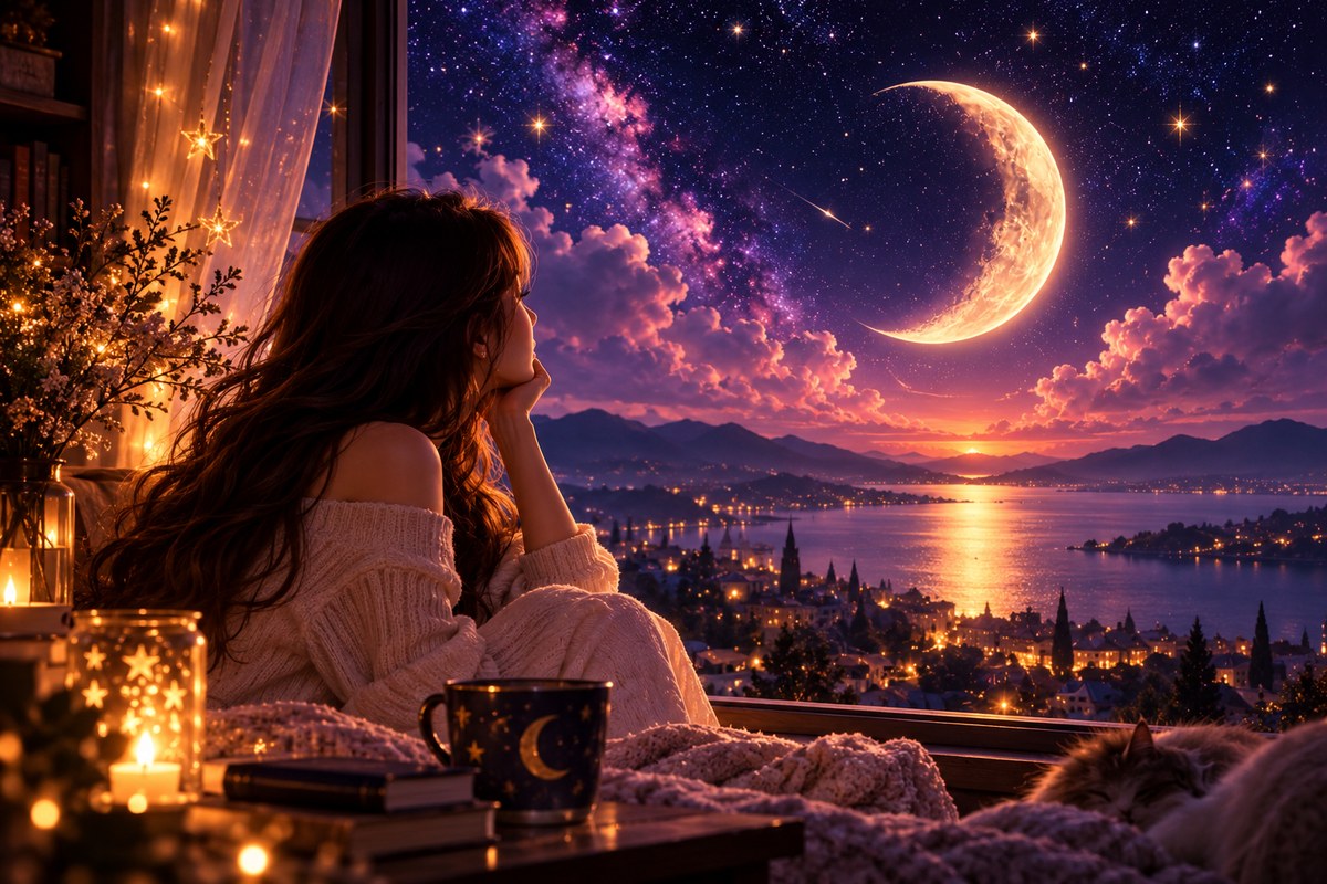 A thoughtful woman gazing through a window at a glowing crescent moon above a dreamy, star-filled night sky, surrounded by warm candlelight.