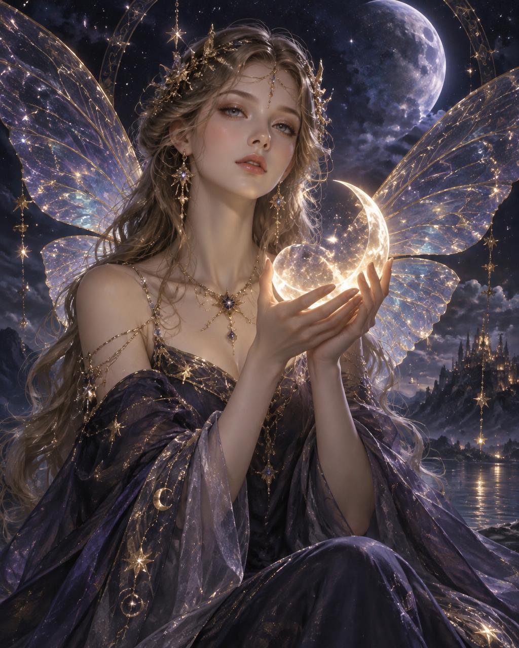 Lumi, the FATELUMI fortune fairy, holding a glowing crescent moon